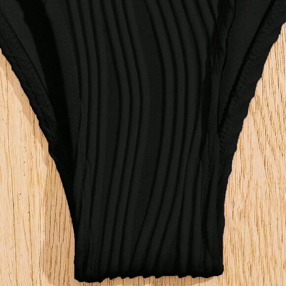 Black Cute Women's Beach Faux Pearl Decorated Shoulder Strap Sexy Bikini Set - Picture 6 of 6